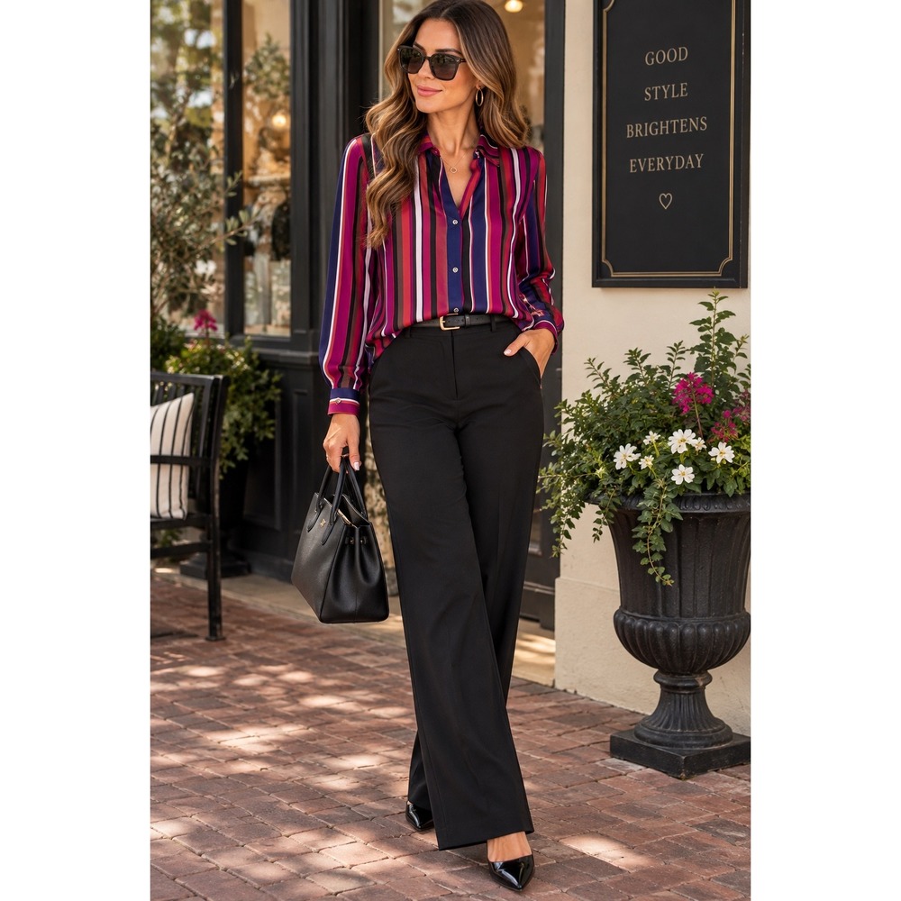 Anne Klein Blouse Retro Multicolor Striped Button Down Long Sleeve Workwear - Picture 1 of 10
